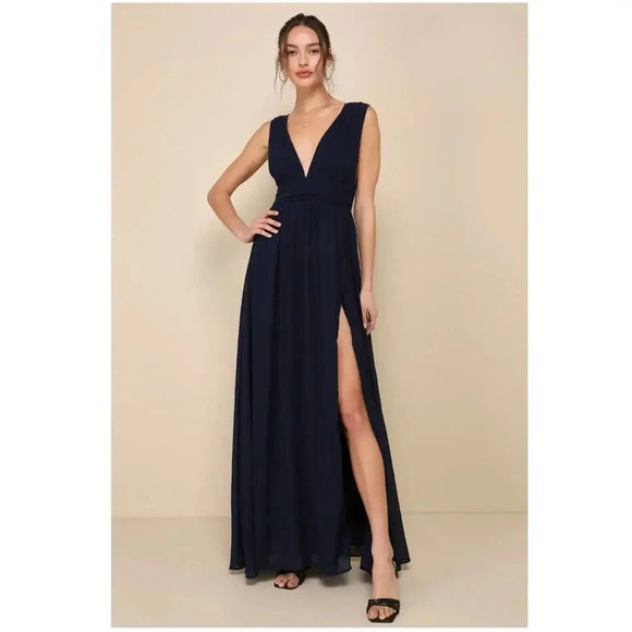 Love by Design Navy Gown Maxi Dress Formal Sz L Graduation Wedding Guest Slit - Picture 1 of 13
